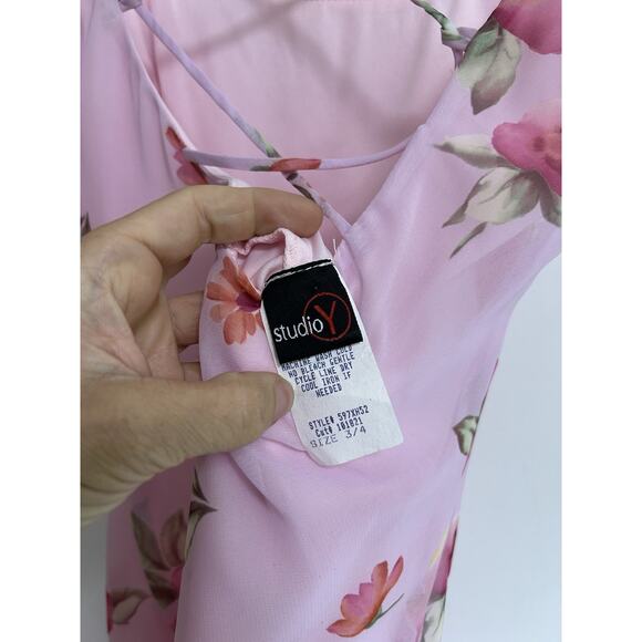 Vintage Studio Y Mini Y2K Chiffon Dress 3/4 Cottage Roses Fairy Core Pink - Picture 5 of 9